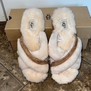 UGG Fluffy Sandals in Cream and Brown